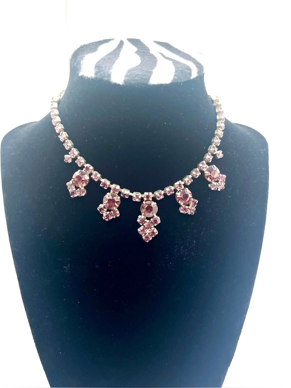 Vintage Pink Rhinestone Necklace Gold Tone Dangle Statement